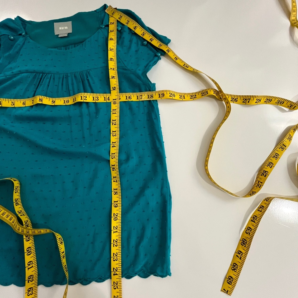 Maeve Anthropologie Teal Swiss Dot Cap Sleeve Scalloped Hem Top Sz 0 Blouse Boho - Picture 8 of 9